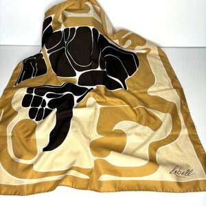 Lebell Head Neck Bag Scarf Tan Black Italian Foulard Square 30" Signed Vintage